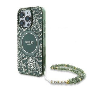 Etui Guess iPhone 16 Pro 6.3" zielony/green hardcase IML Flowers Allover Electro With Pearl Strap MagSafe