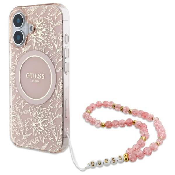 Etui Guess iPhone 16 6.1" różowy/pink hardcase IML Flowers Allover Electro With Pearl Strap MagSafe