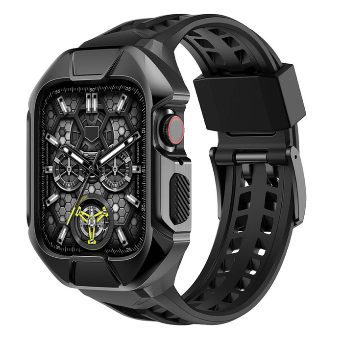 Pasek Kingxbar CYF136 2w1 pasek Apple Watch Ultra, SE, 8, 7, 6, 5, 4, 3, 2, 1 (49, 45, 44, 42  mm) z wbudowanym pancernym etui ze stali nierdzewnej czarny