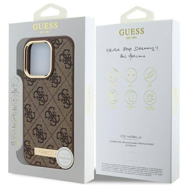 Etui Guess iPhone 16 Pro 6.3" brązowy/brown hardcase 4G Logo Plate MagSafe