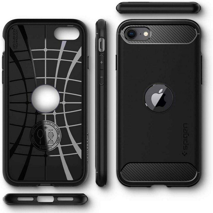 Etui Spigen iPhone SE 2022 2020 Rugged Armor Black Czarne Case + Szkło SPIGEN Glas.Tr Slim