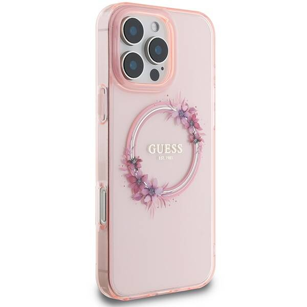 Etui Guess iPhone 16 Pro Max 6.9" różowy/pink hardcase IML Flowers Wreath MagSafe