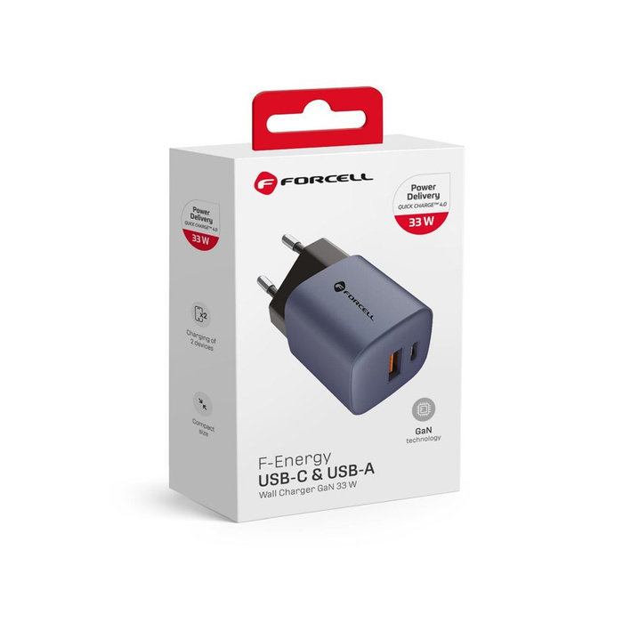 FORCELL F-ENERGY GaN VT-31 ładowarka sieciowa Typ C + USB A PD QC4.0 3A 33W szara