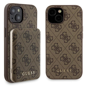 Zestaw Guess GUBPM5P15S4GEMGW iPhone 15 6.1" hardcase + Powerbank 5000mAh MagSafe brązowy/brown 4G Metal Logo