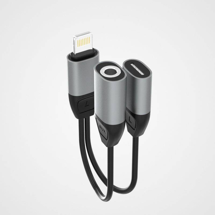 Dudao adapter słuchawkowy przejściówka ze złącza Lightning na Lightning + 3,5 mm mini jack do muzyki i ładowania szary (L17i+ gray)