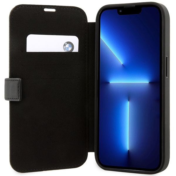 Etui BMW BMBKP14X22RVSK iPhone 14 Pro Max 6,7" czarny/black bookcase Leather Stamp Blue Lines