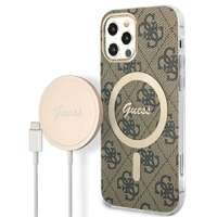 Zestaw Etui Guess Case+ Charger iPhone 12/12 Pro brązowy/brown hard case 4G Print MagSafe