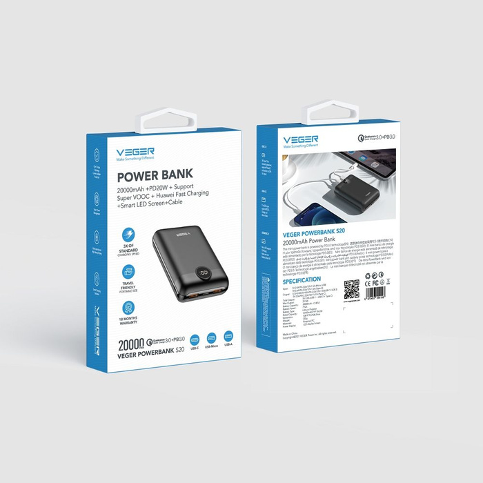 VEGER powerbank 20000 mAh PD QC3.0 2A 22,5W S20 (W2053) czarny