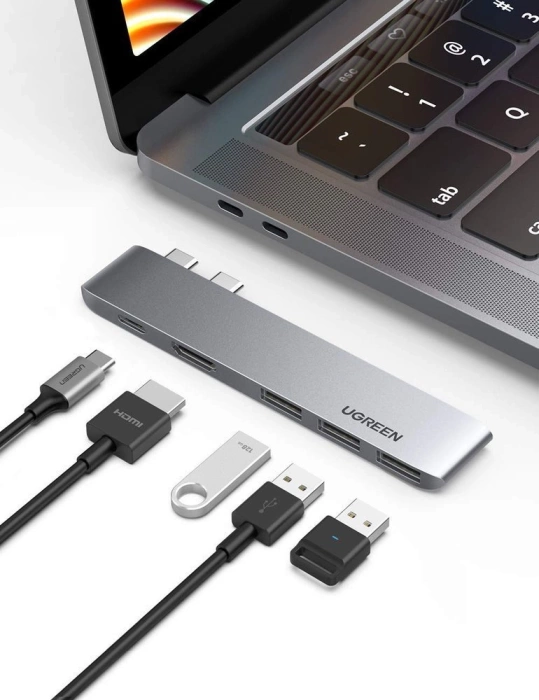 HUB Ugreen 60559 2x USB-C / USB-C PD (Thunderbolt 3, 100W, 4K 60 Hz, 10 Gbps) / HDMI 4K 30 Hz / 3x USB 3.0 do MacBook Pro / Air - szary