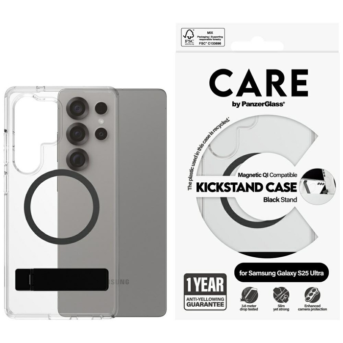 Etui CARE by PanzerGlass Feature Black    Kickstand & QI do Samsung Galaxy S25 Ultra przezroczysty