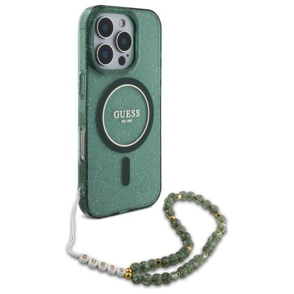 Etui Guess iPhone 16 Pro 6.3" zielony/green hardcase IML Glitter With Pearl Strap MagSafe