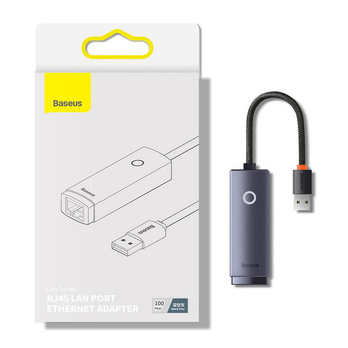 Baseus Lite Series Ethernet Adapter USB-A to RJ45 LAN Port (100Mbps Aluminum Alloy) Grey