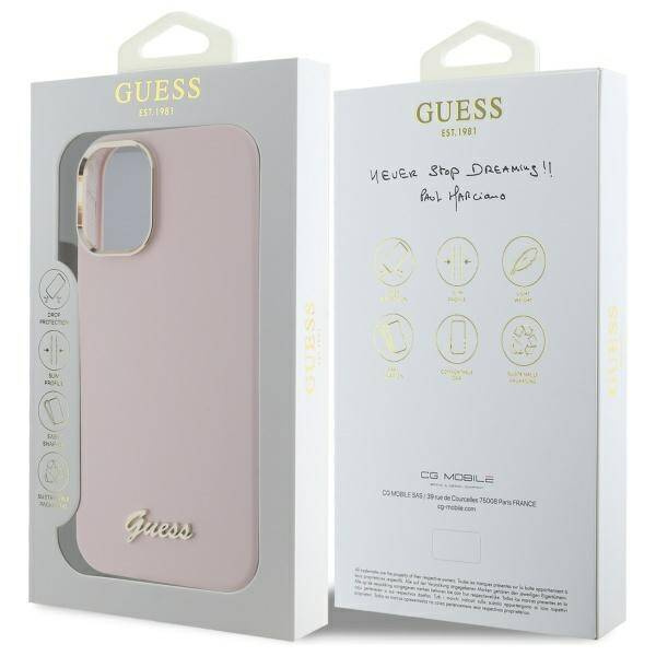 Etui Guess iPhone 16 różowy/pink hardcase Silicone Script Metal Logo & Frame