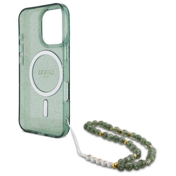 Etui Guess iPhone 16 Pro 6.3" zielony/green hardcase IML Glitter With Pearl Strap MagSafe