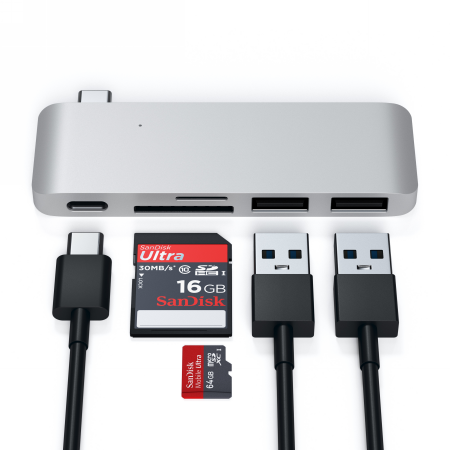 Satechi Type-C USB Passthrough Hub - aluminiowy Hub do urządzeń mobilnych USB-C (USB-C 60W, 2x USB-A, czytnik kart micro/SD) (silver)