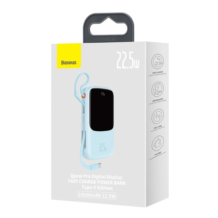 [PO ZWROCIE] Baseus Qpow powerbank 10000mAh wbudowany kabel USB Typu C 22.5W Quick Charge SCP AFC FCP niebieski (PPQD020103)