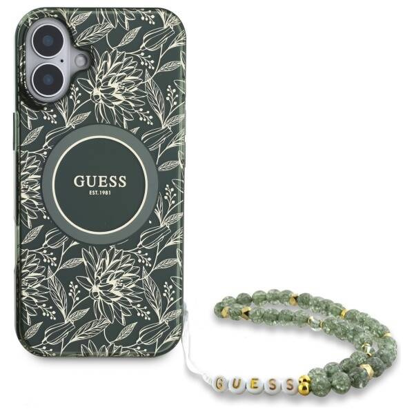 Etui Guess iPhone 16 6.1" zielony/green hardcase IML Flowers Allover Electro With Pearl Strap MagSafe