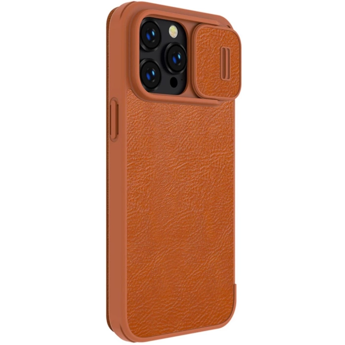 Nillkin Qin Leather Pro Case etui iPhone 14 Pro Max osłona na aparat kabura pokrowiec obudowa z klapką brązowy