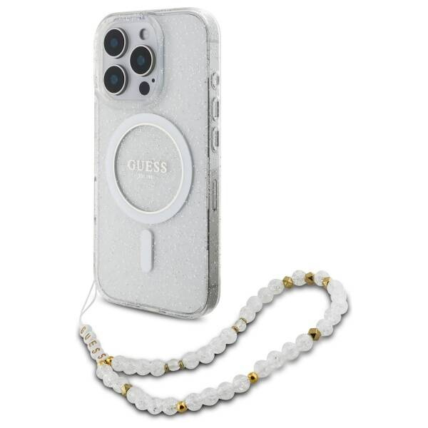 Etui Guess iPhone 16 Pro 6.3" przeźroczysty/transparent hardcase IML Glitter With Pearl Strap MagSafe