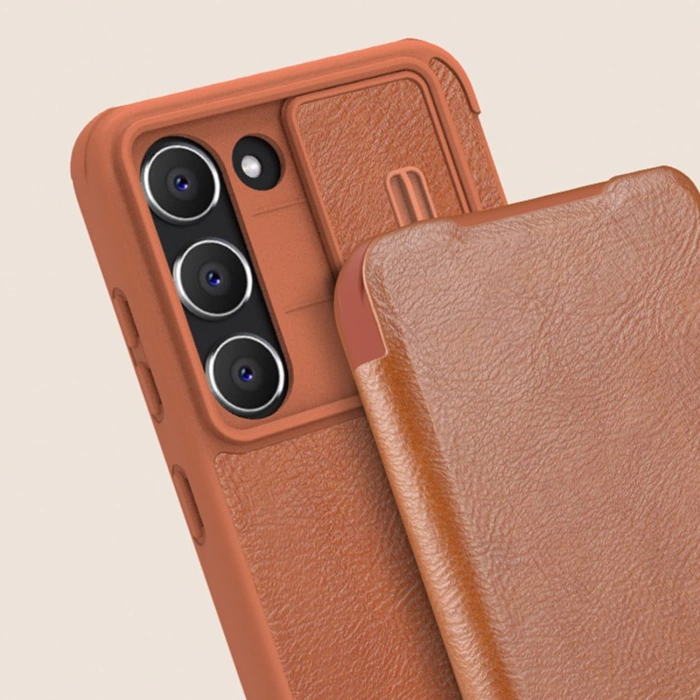 Nillkin Qin Leather Pro Case etui Samsung Galaxy S23+ pokrowiec z klapką osłona na aparat brązowe