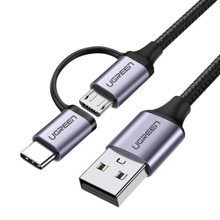 Kabel USB 2w1 UGREEN Type-C / Micro USB, QC 3.0, 1m (czarno-szary)