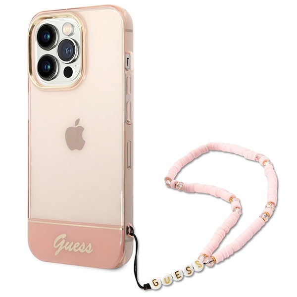 Etui GUESS Apple iPhone 14 Pro Max Translucent Pearl Strap Różowy Hardcase