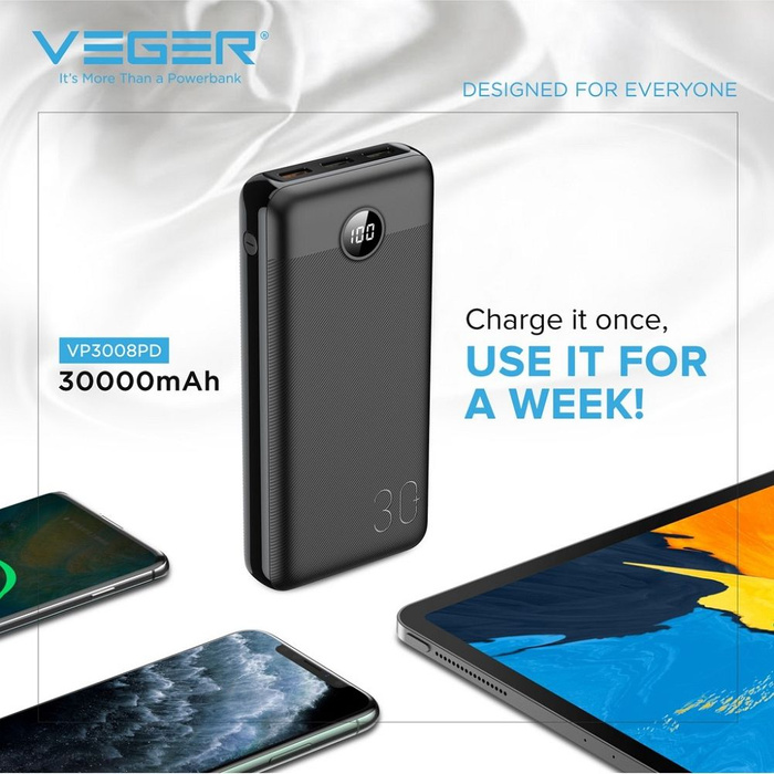 VEGER powerbank 30000 mAh PD QC3.0 3A 20W L30 (W3008PD) czarny