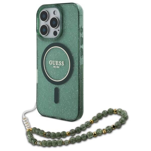 Etui Guess iPhone 16 Pro 6.3" zielony/green hardcase IML Glitter With Pearl Strap MagSafe