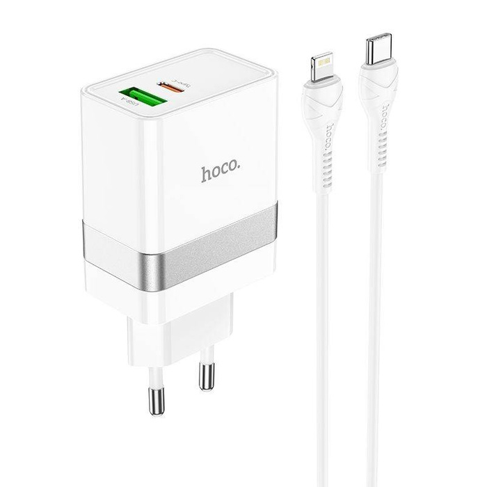 HOCO ładowarka sieciowa Typ C + USB QC3.0 z kablem do iPhone Lightning 8-pin Power Delivery 30W Starter N21 biała