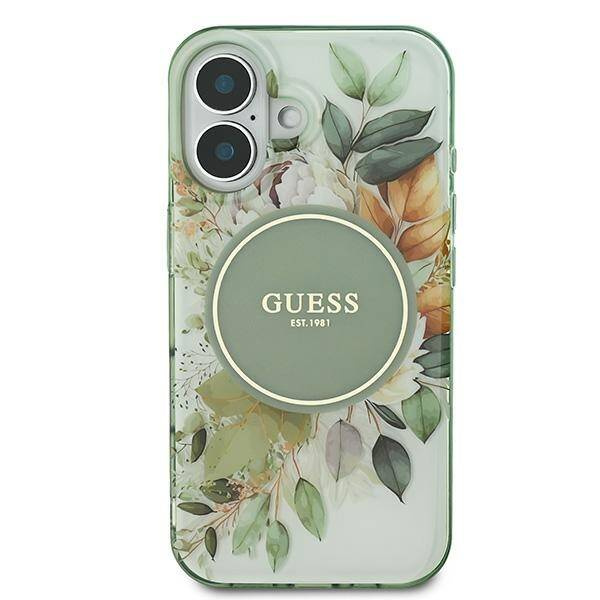 Etui Guess iPhone 16 6.1" zielony/green hardcase IML Flower & Tonal Circle MagSafe