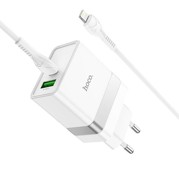 HOCO ładowarka sieciowa Typ C + USB QC3.0 z kablem do iPhone Lightning 8-pin Power Delivery 30W Starter N21 biała