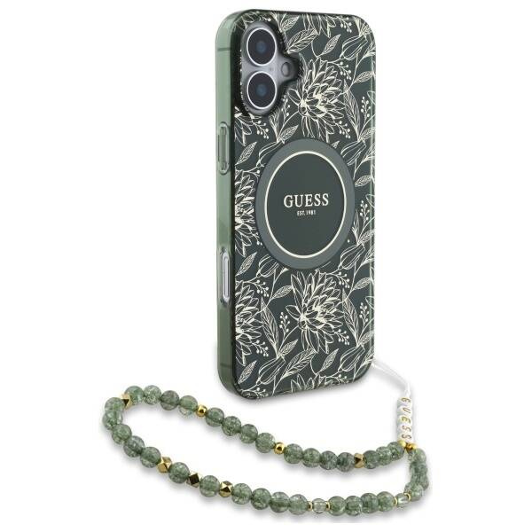 Etui Guess iPhone 16 6.1" zielony/green hardcase IML Flowers Allover Electro With Pearl Strap MagSafe