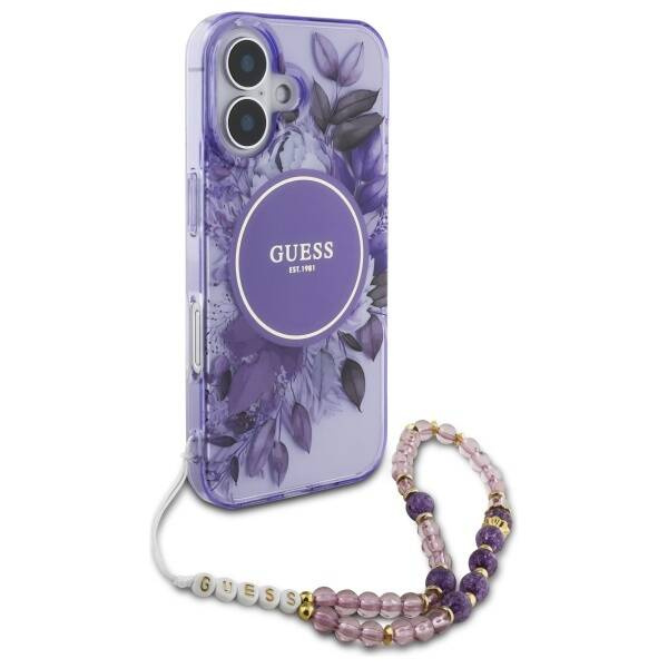 Etui Guess iPhone 16 Plus 6.7" fioletowy/purple hardcase IML Flowers With Pearl Strap MagSafe