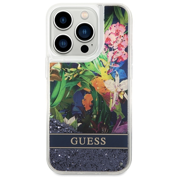 Etui GUESS Apple iPhone 14 Pro Max Flower Liquid Glitter Niebieski Hardcase