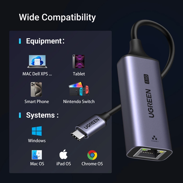 Adapter Ethernet UGREEN CM648, USB-C do RJ45, 2.5G (czarny)