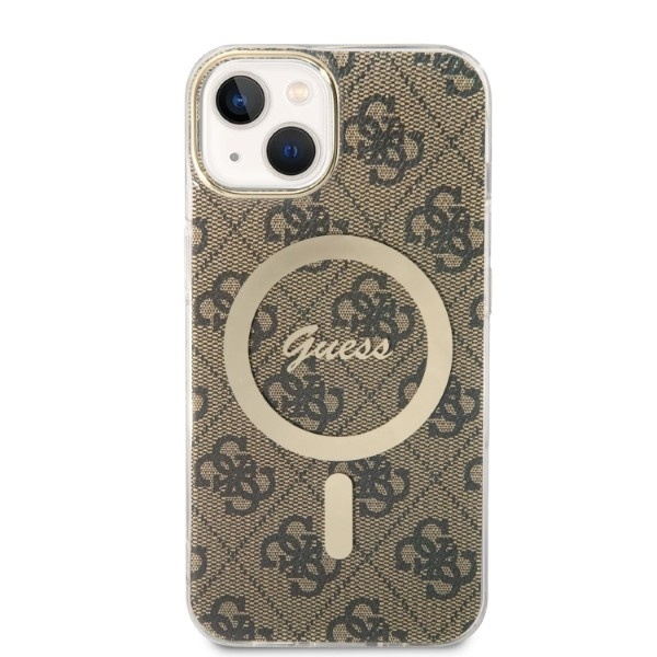 Zestaw Etui Guess Case+ Charger iPhone 14 Plus 6,7" brązowy/brown hard case 4G Print MagSafe