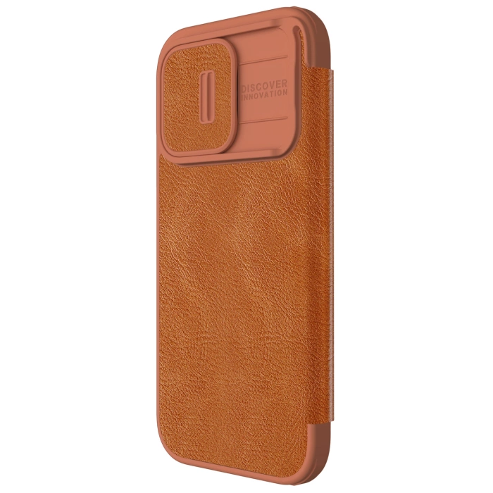 Skórzane etui z klapką osłoną aparatu do iPhone 15 Pro Max Nillkin Qin Pro Leather - brązowe