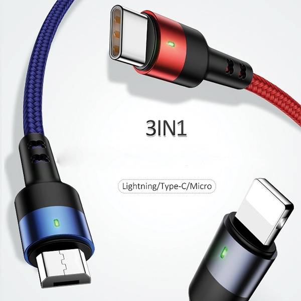 Kabel Pleciony USAMS 3w1 Lightning MicroUSB USB-C 2A Fast Charge 3m Czarny