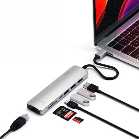 Satechi Aluminium Adapter Slim - aluminiowy adapter podróżny do urządzeń mobilnych USB-C (USB-C, 2x USB-A, 4K HDMI, czytnik kart micro/SD, Ethernet) (silver)