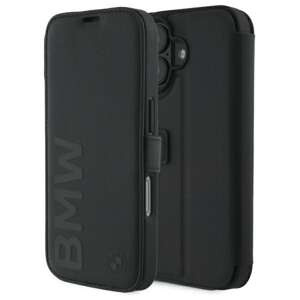 Etui BMW iPhone 16 czarny/black bookcase Signature Leather Wordmark