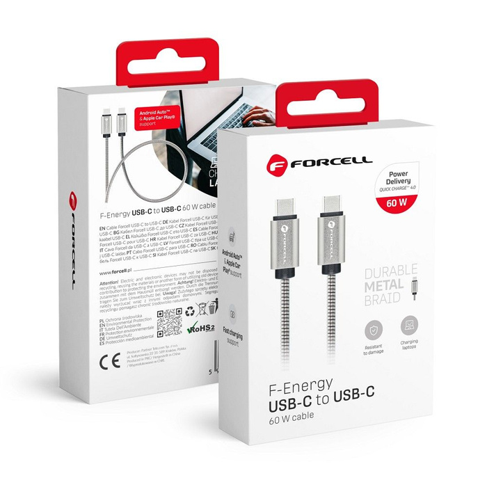 FORCELL F-ENERGY Metal C237 kabel Typ C do Typ C PD QC4.0 3A 60W 1 m srebrny