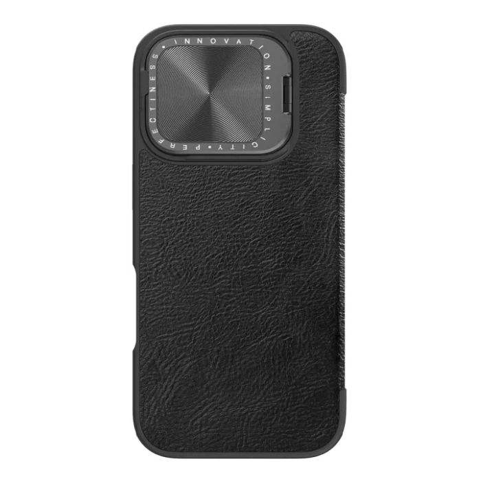 Etui Nillkin Qin Prop Leather Case z osłoną na aparat i podstawką na iPhone 16 Pro czarne (L)