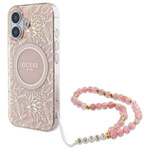 Etui Guess iPhone 16 6.1" różowy/pink hardcase IML Flowers Allover Electro With Pearl Strap MagSafe