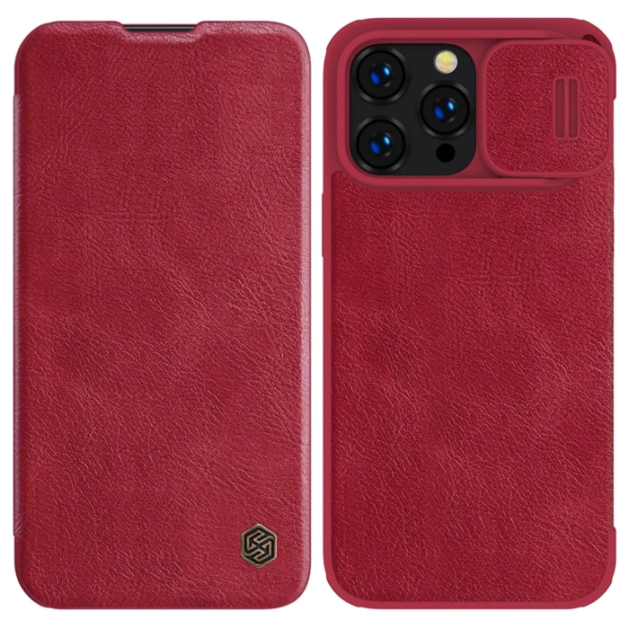 Nillkin Qin Leather Pro Case etui iPhone 14 Pro Max osłona na aparat kabura pokrowiec obudowa z klapką czerwony