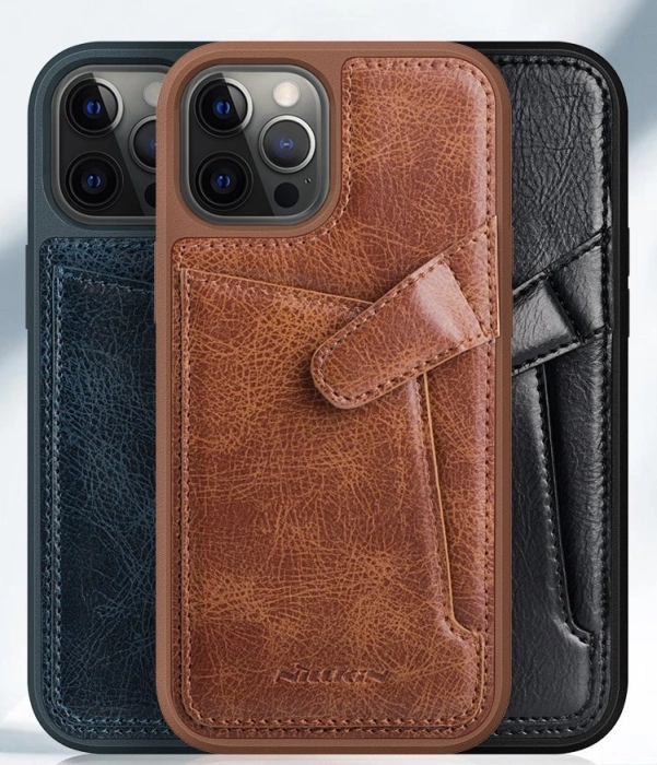 Nillkin Aoge Leather Case elastyczne pancerne etui z prawdziwej skóry z kieszonką iPhone 12 mini brązowy