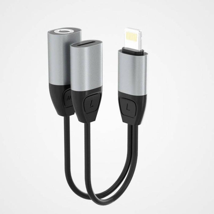 Dudao adapter słuchawkowy przejściówka ze złącza Lightning na Lightning + 3,5 mm mini jack do muzyki i ładowania szary (L17i+ gray)