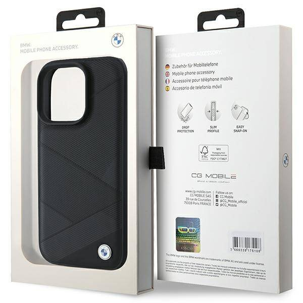 Etui BMW iPhone 16 Pro 6.3" czarny/black hardcase Sign Leather Crossing Lines Pattern