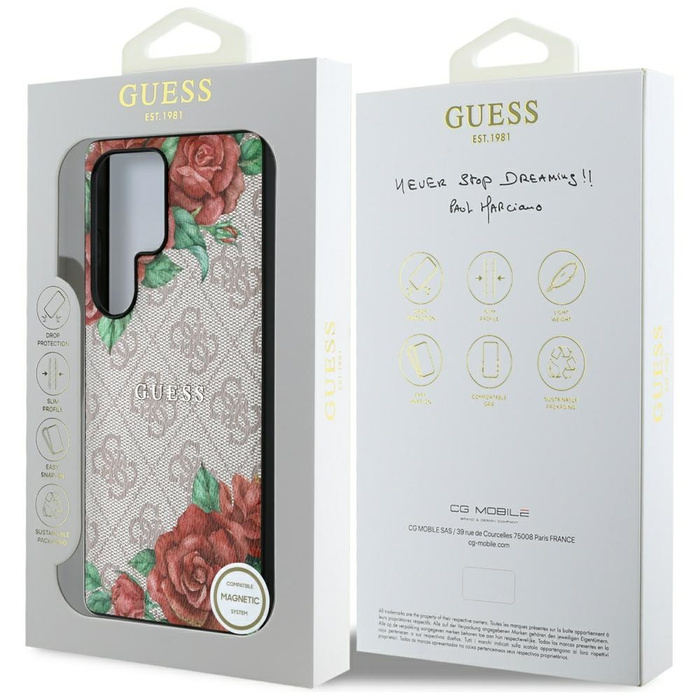 Etui Guess Leather 4G Flowers Print       Metal Classic Logo MagSafe Samsung Galaxy S25 Ultra różowy