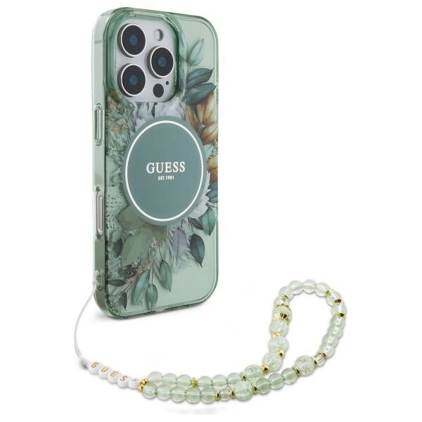 Etui Guess iPhone 16 Pro 6.3" zielony/green hardcase IML Flowers With Pearl Strap MagSafe