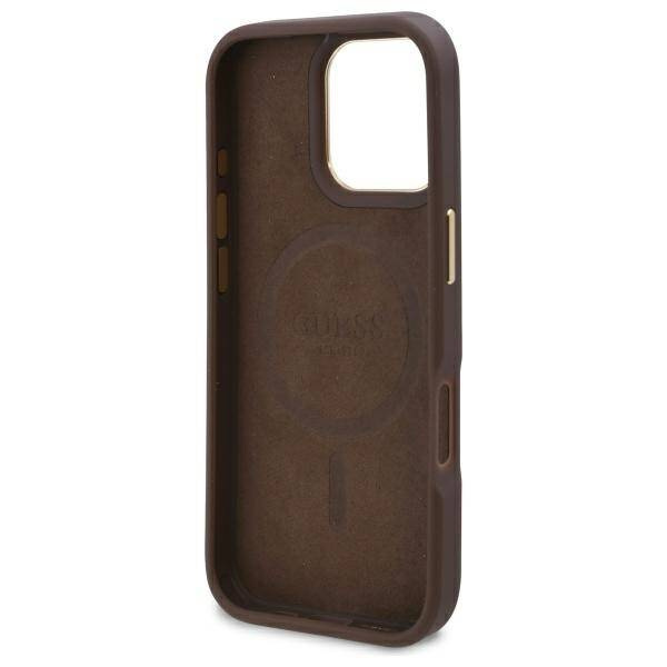 Etui Guess iPhone 16 Pro 6.3" brązowy/brown hardcase 4G Logo Plate MagSafe